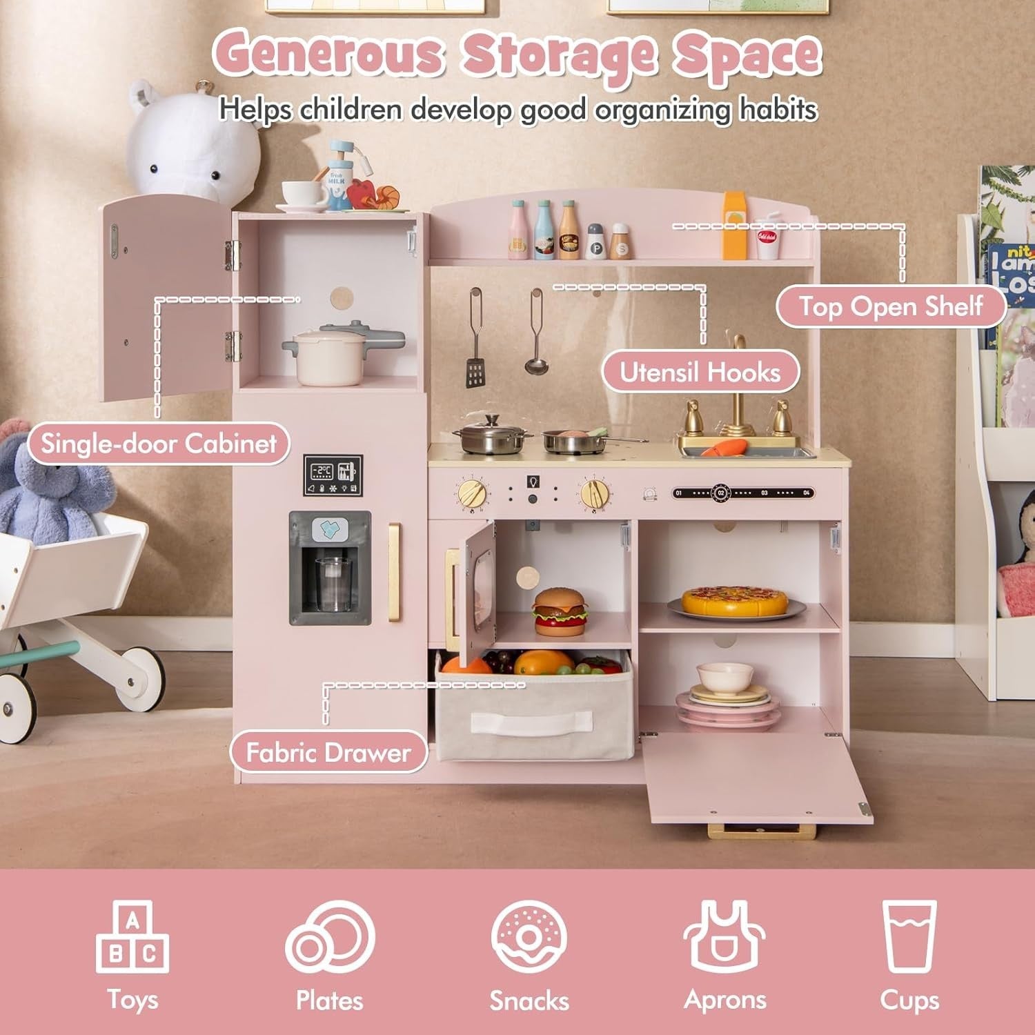 Kids Wooden Play Kitchen w/ Chalkboard Ice Maker Pink Toy