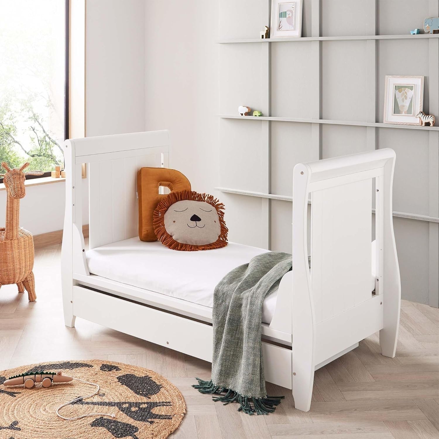 Baby Cot Bed Convertible Toddler Day Bed Adjustable Height Solid Wood White