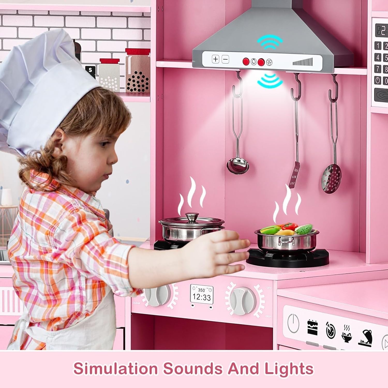 Corner Wooden Kids Play Kitchen Pink Lights Sounds Toy Set Large
