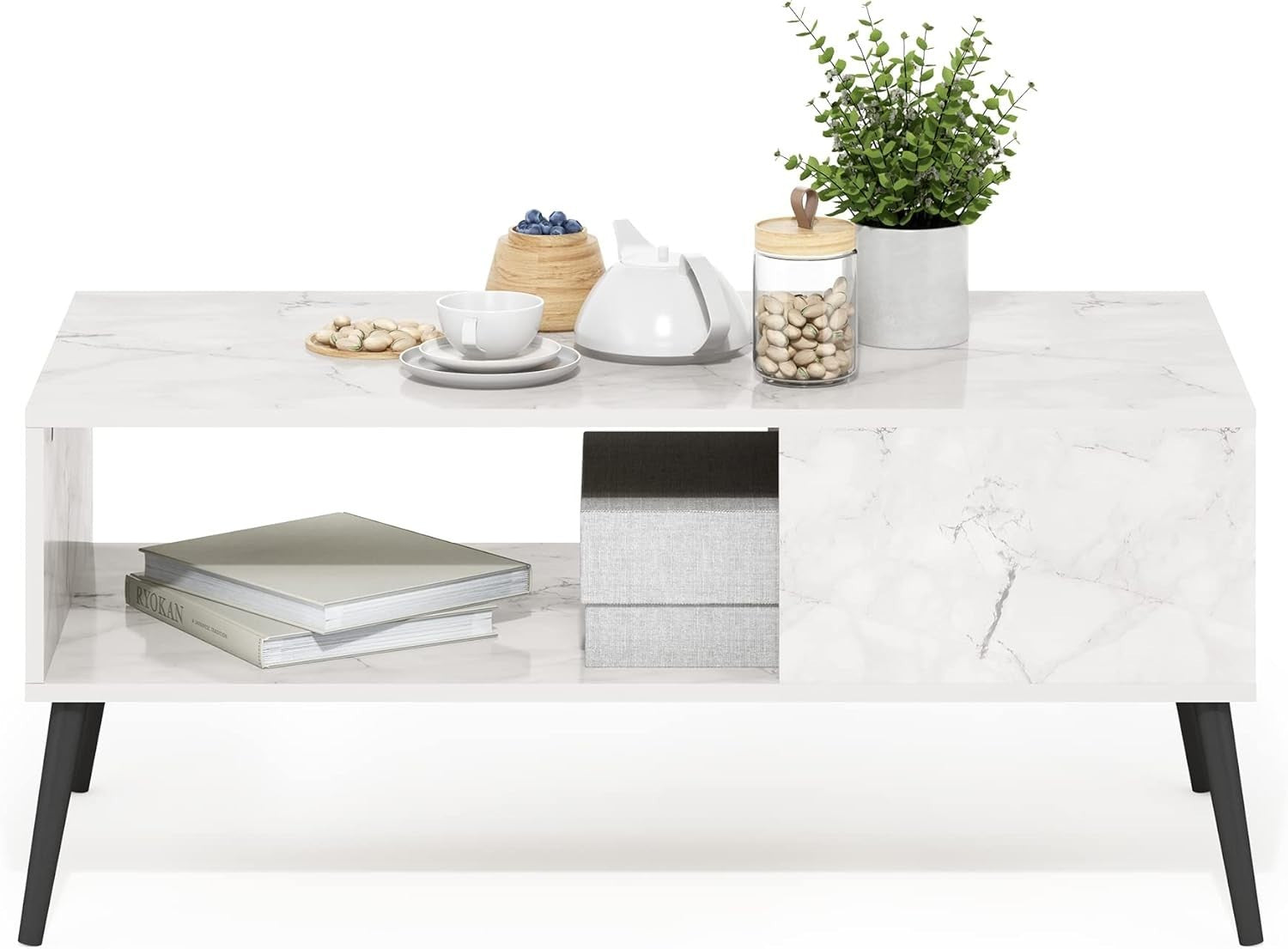 Mid Century Marble White Coffee Table with Wood Legs & Storage 100x50cm