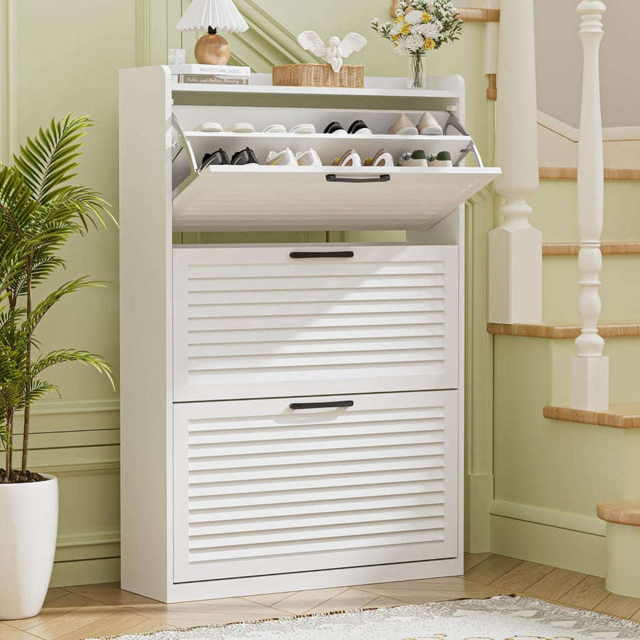Slim Wooden Shoe Cabinet 3-Door Flip Storage, Adjustable Shelves, 32 Pairs