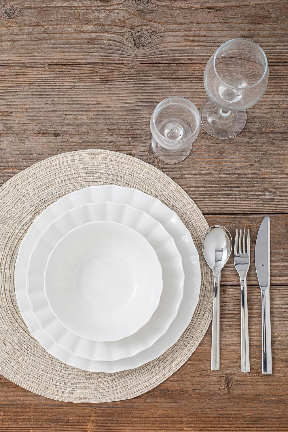 12pc Bone China Dinner Set Plates Bowls White Wavy Design Service for 4