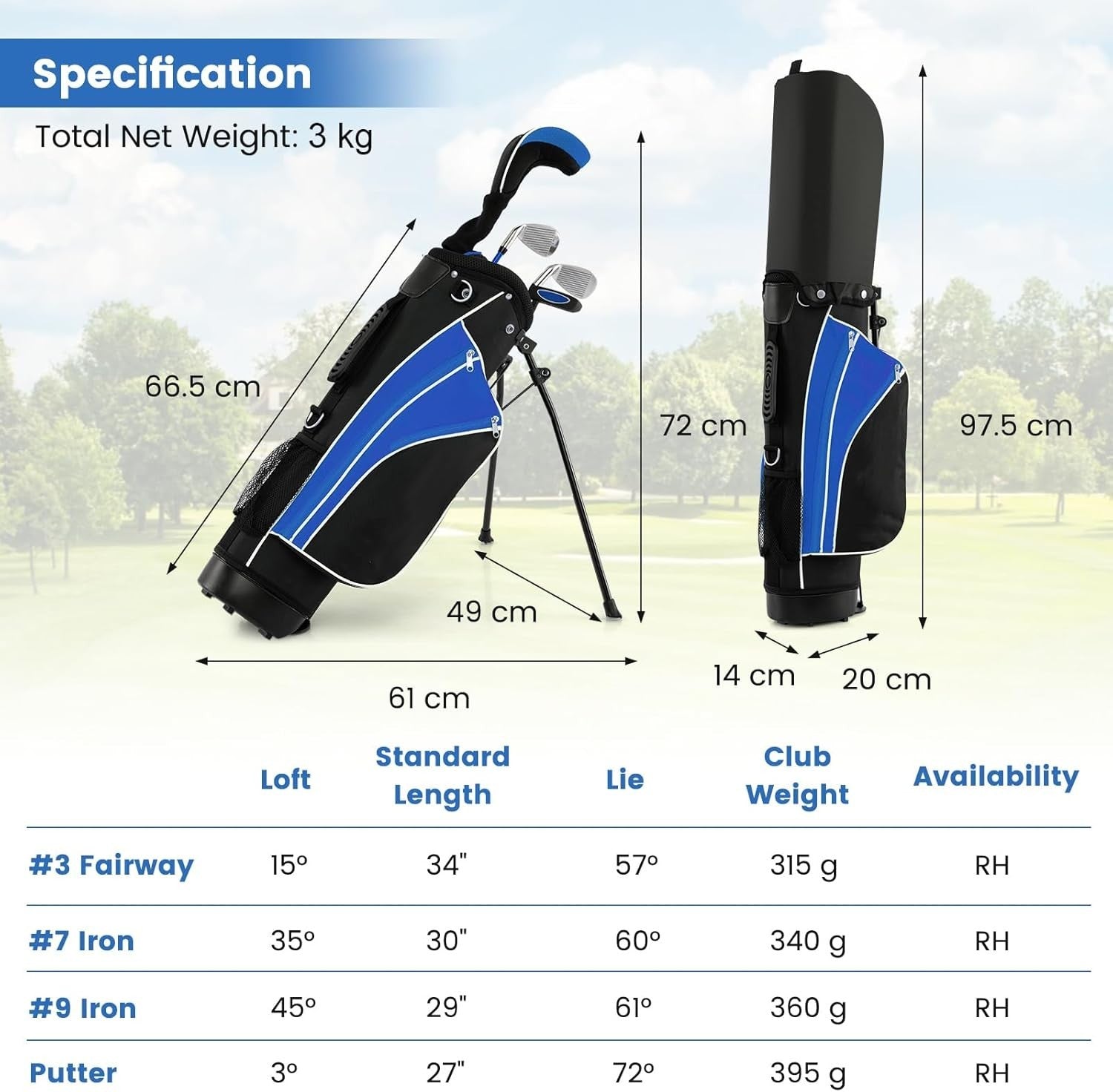 Kids Golf Club Set Ages 8–10 Right Hand Fairway Irons Putter Stand Bag