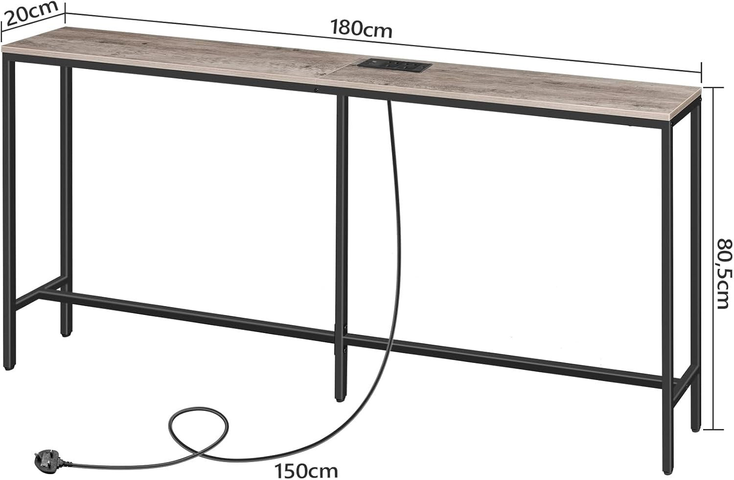 Power Strip Sofa Table 180cm Narrow Console with USB Ports & Rotatable Top
