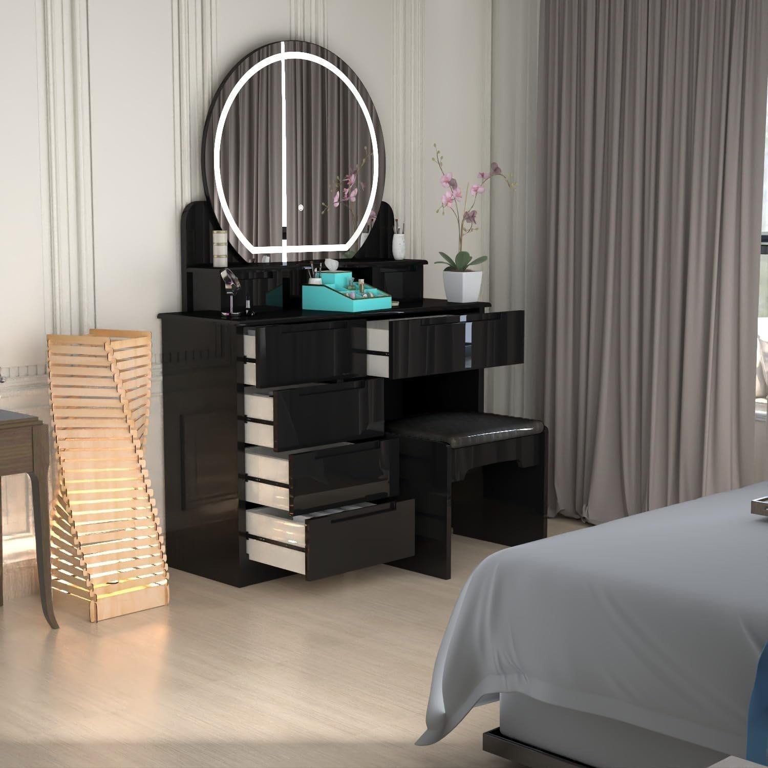 Modern Dressing Table Set 5-Drawer Vanity Makeup Desk Mirror Grey High Gloss