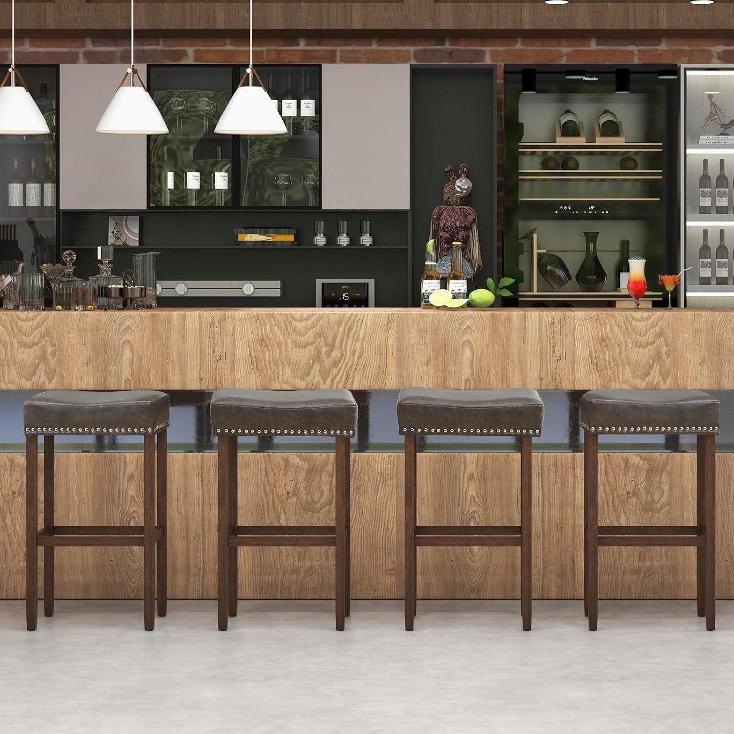 Gray & Brown Saddle Bar Stools Set of 2 – Solid Wood Counter Chairs