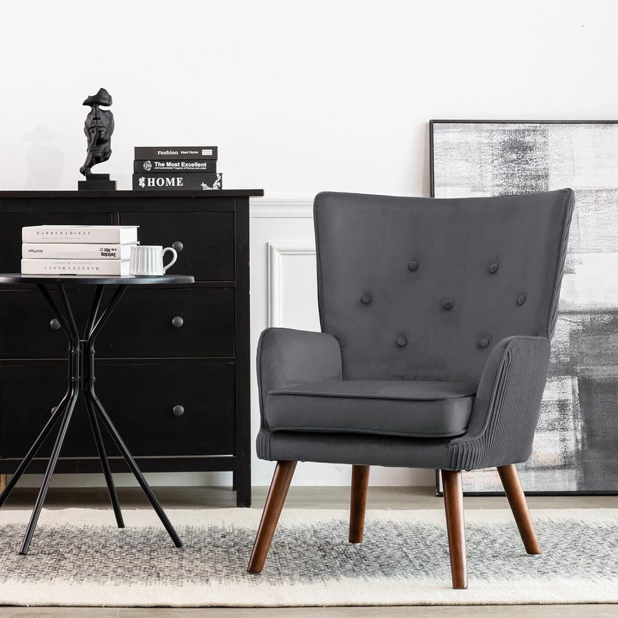 Velvet Wingback Armchair Grey Tufted Accent Chair High Back Reading
