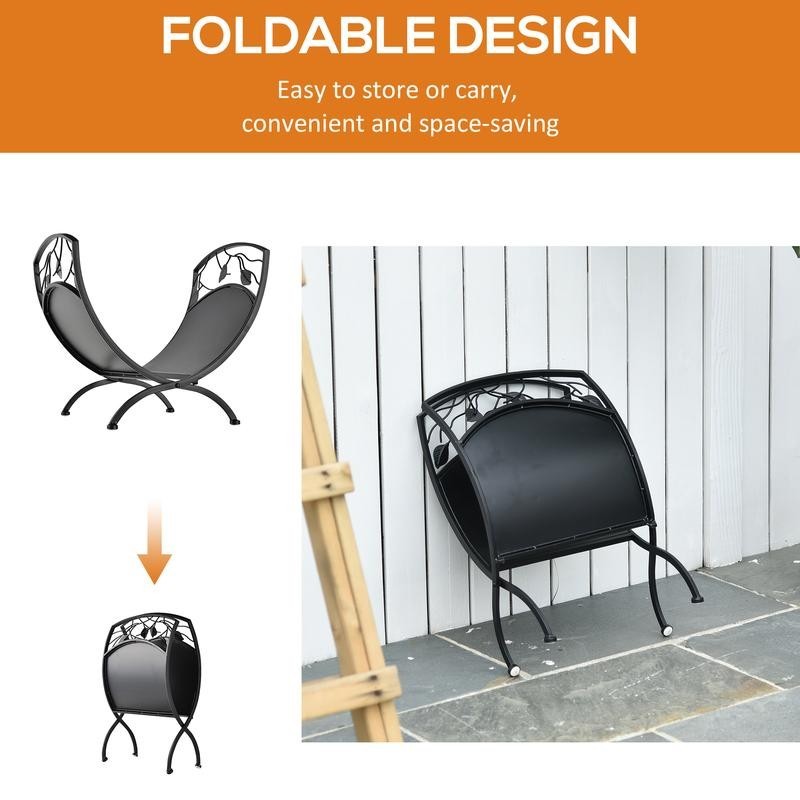 Indoor Outdoor Arced Log Holder Rack – Metal Firewood Storage Stand Black