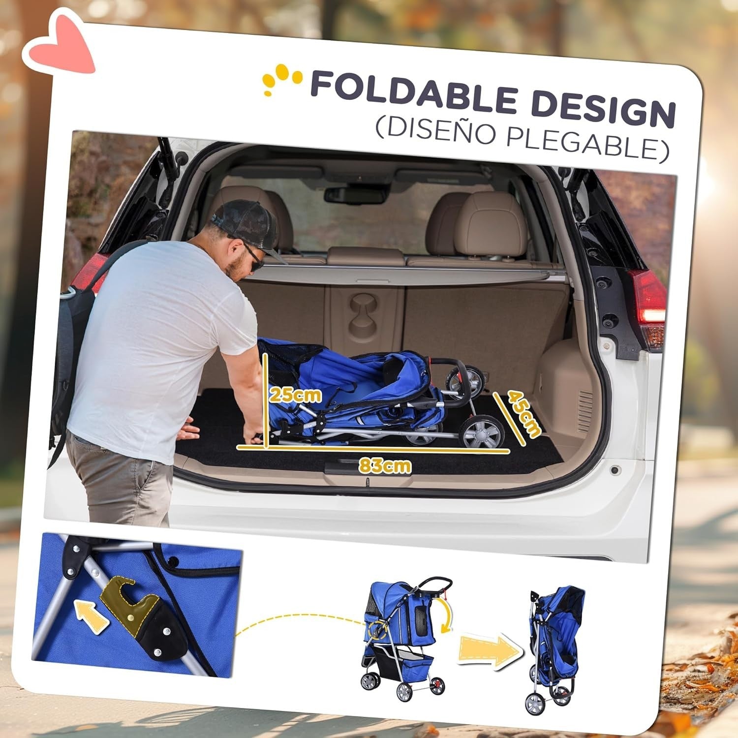 Dog Stroller Foldable 3-Wheel Pet Pram Small Dogs Cats Blue Lightweight