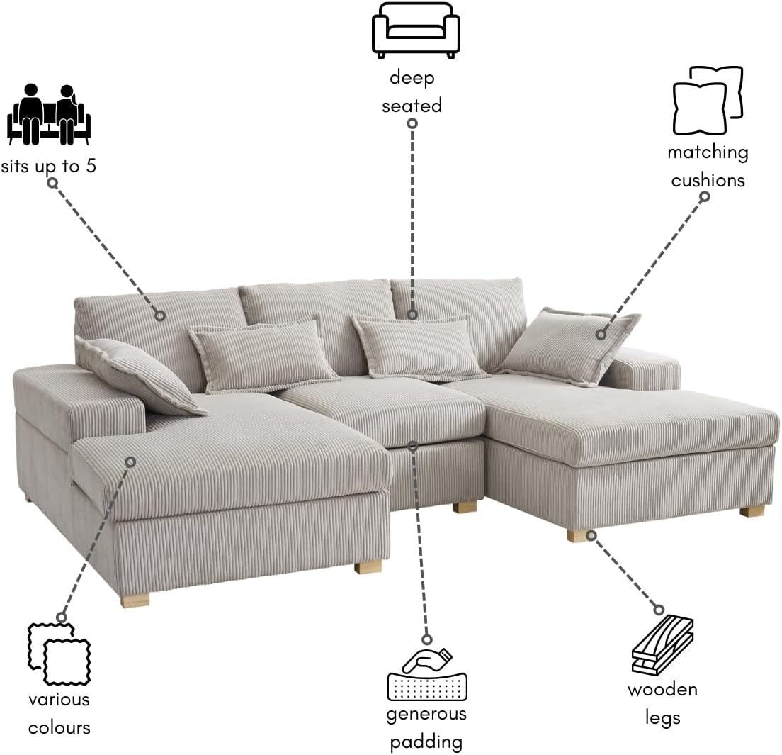 U-Shape Jumbo Cord Sofa Stone Grey 4-Seater | Deep Seat + Optional Footstool