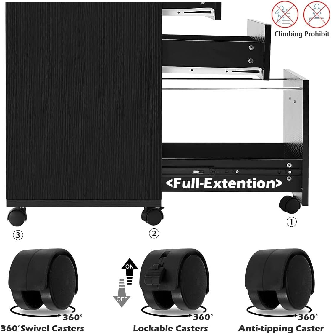 Black Rolling File Cabinet 3 Drawer Locking Under Desk Letter Storage