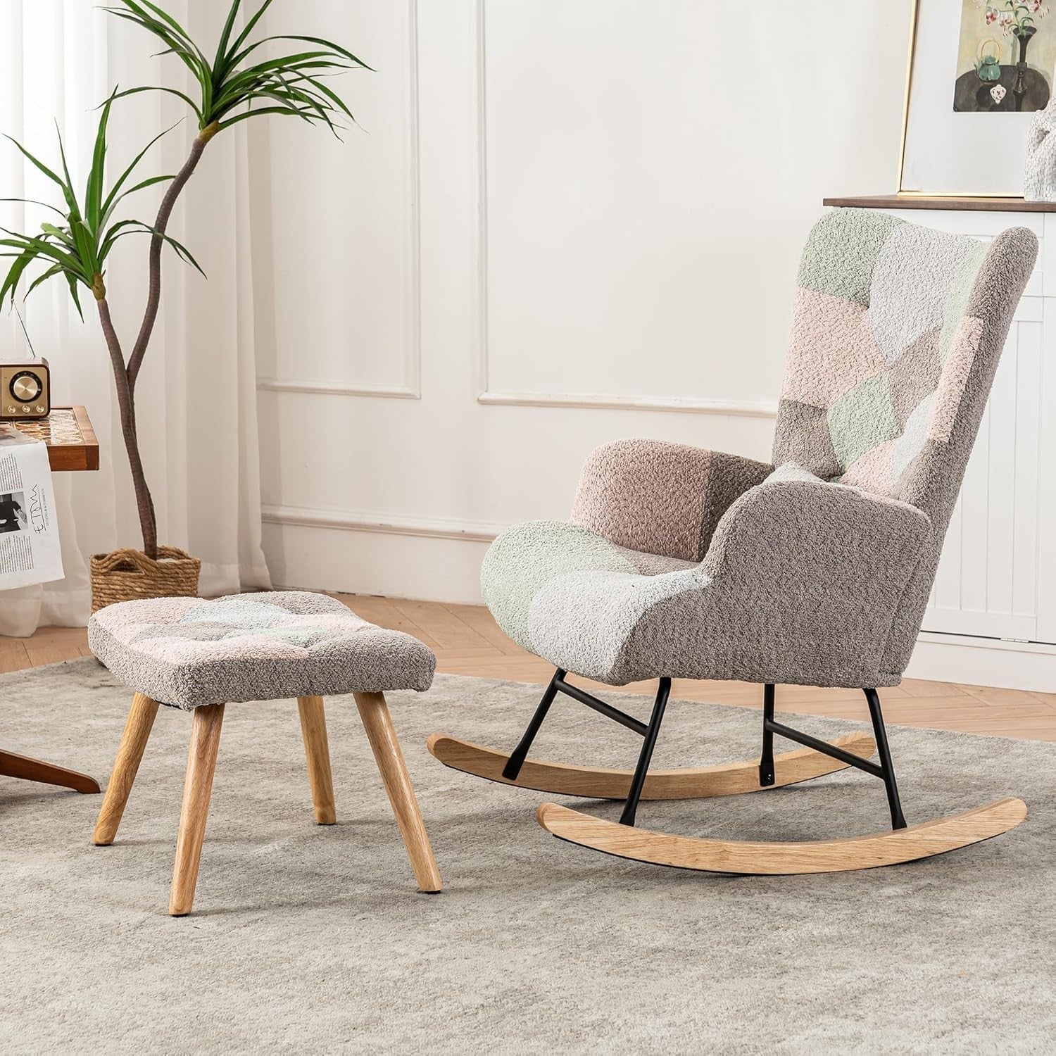 Rocking Chair w/ Footstool Pillow & Pocket – High Back, Solid Wood Legs