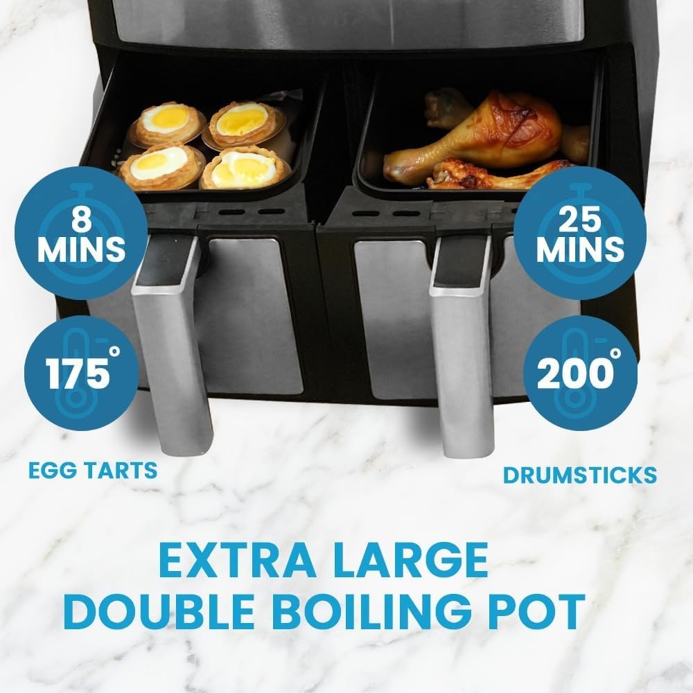 9L Dual Basket Air Fryer | 8 Presets, Dual Power Zones, Touchscreen, Low-Oil, 17