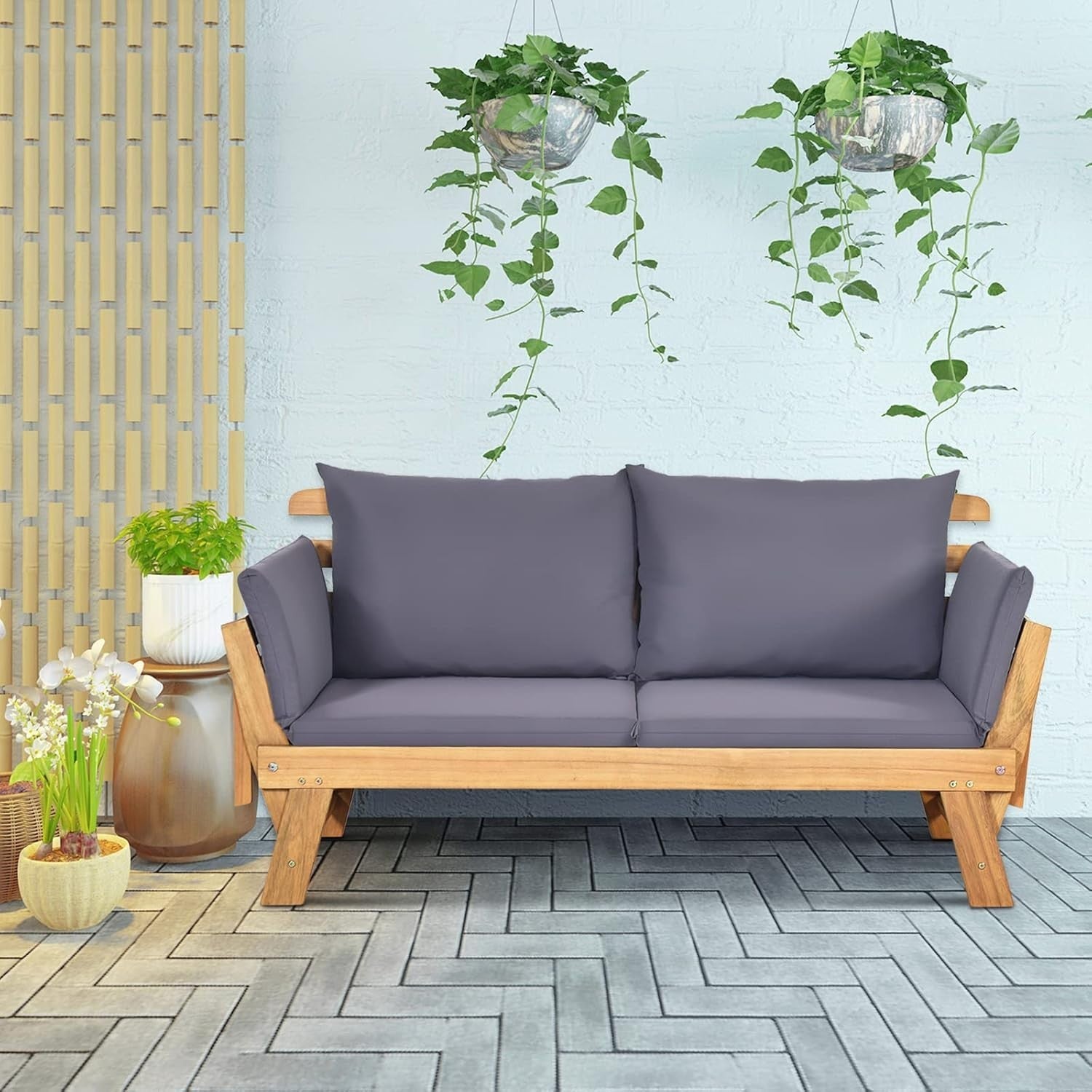 3-in-1 Outdoor Sofa Bed Recliner with Cushions – Convertible Wood Daybed