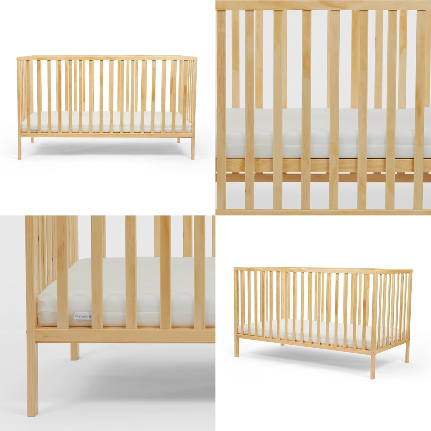 Stylish Wooden Baby Cot Bed Adjustable Height Crib with Fibre Mattress Pine