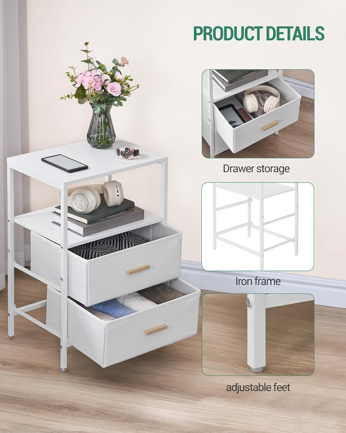 Set of 2 White Bedside Tables with Drawers & Shelf – Modern Storage Nightstands
