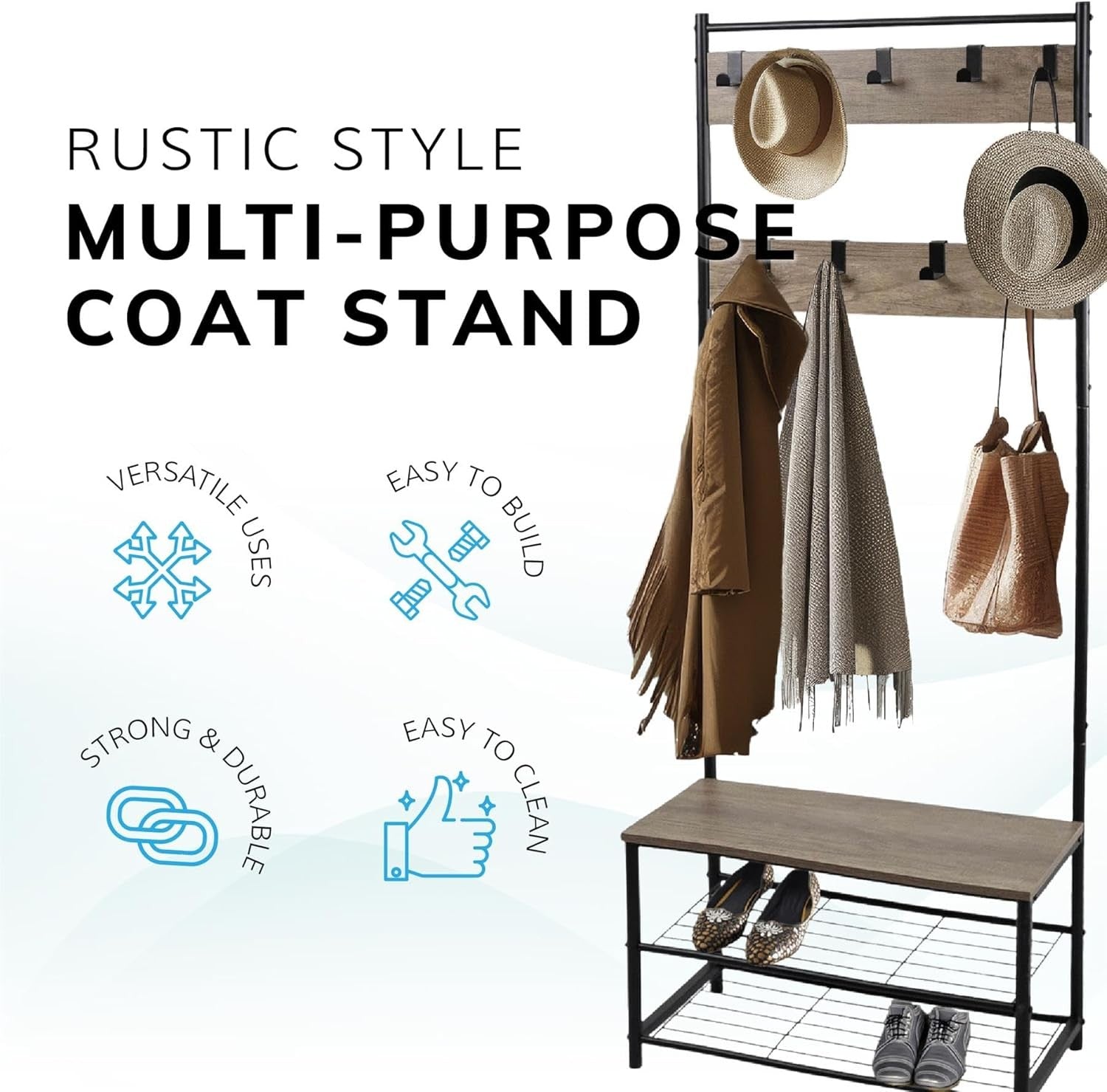 Rustic Brown Coat Rack with Shoe Storage | Industrial Freestanding Hall Tree