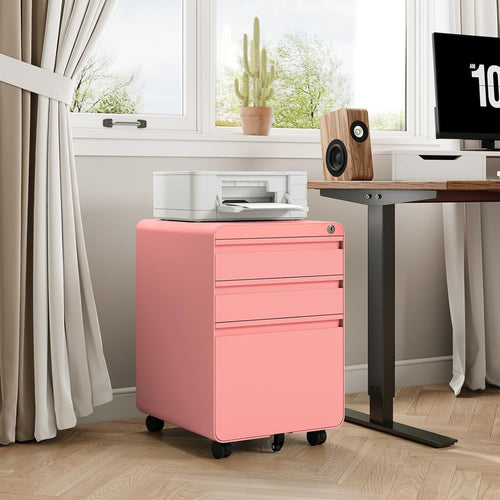 Pink Lockable Metal Filing Cabinet 3 Drawer A4 Anti Tilt on Wheels