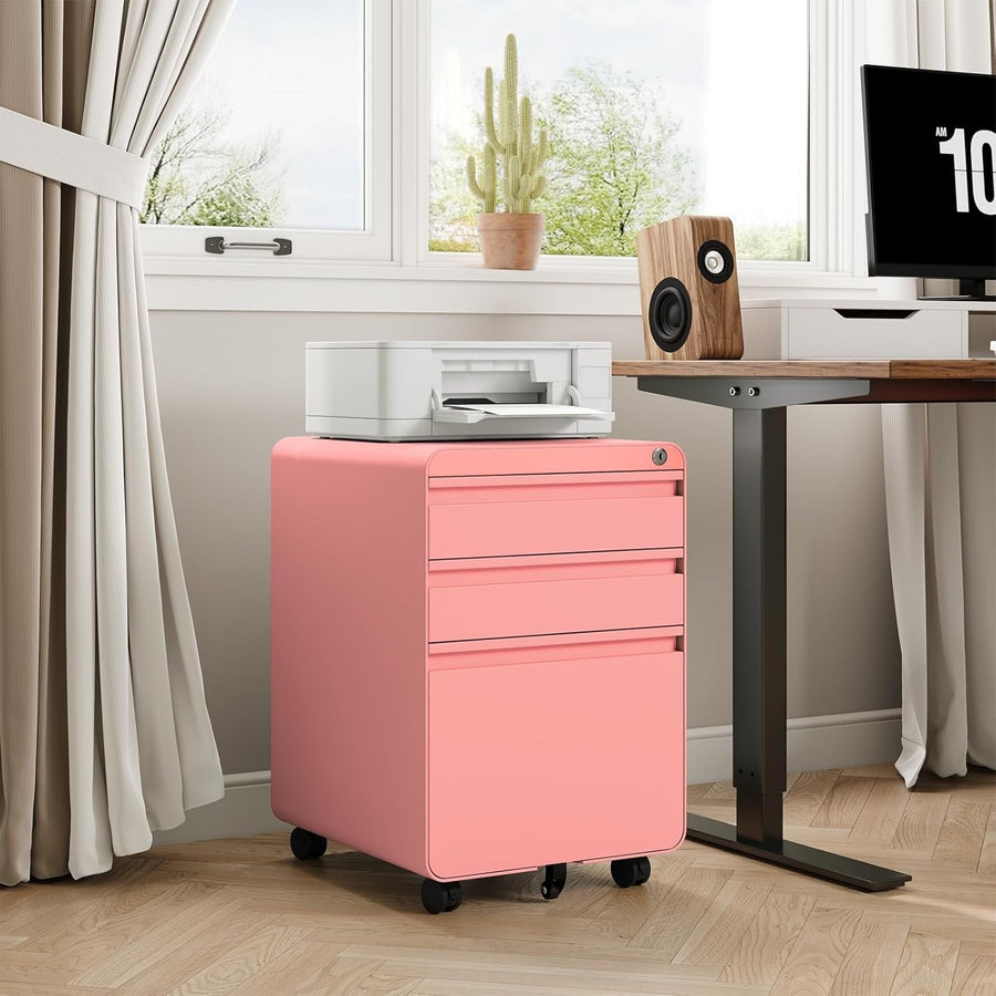 Pink Lockable Metal Filing Cabinet 3 Drawer A4 Anti Tilt on Wheels