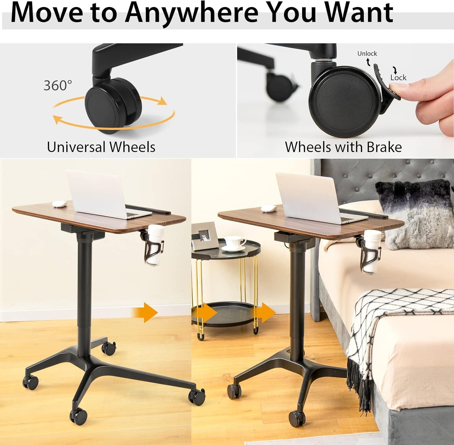Mobile Standing Desk Sit Stand Laptop Table Tilting Top Wheels Height Adjust