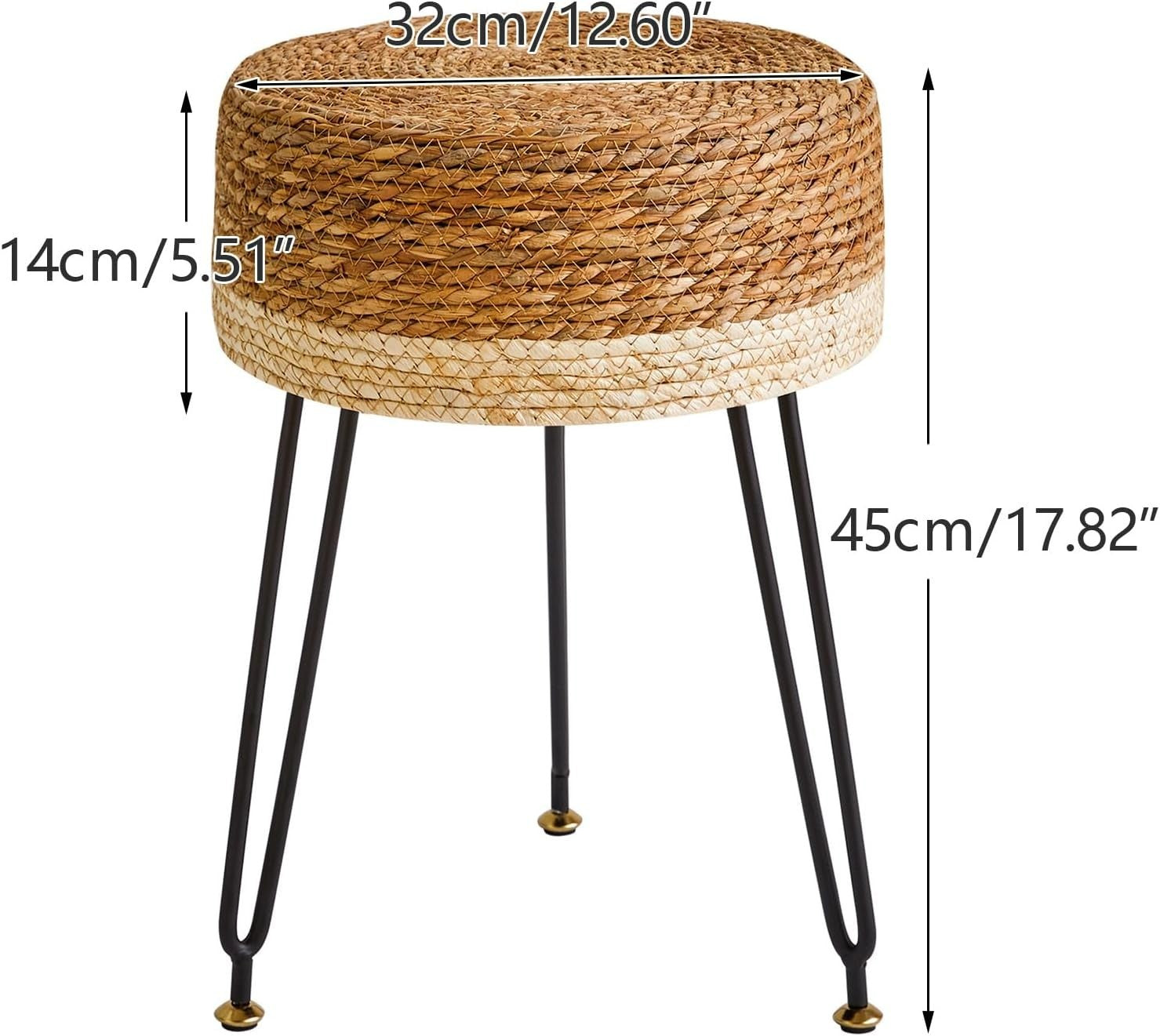 Natural & White Seagrass Footstool Round Woven Pastoral Stool 32×32×45cm