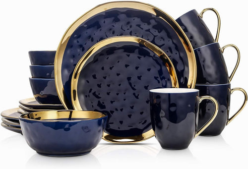 Blue Porcelain Dinnerware Set 16 Piece Service for 4 Gold Rim Plates