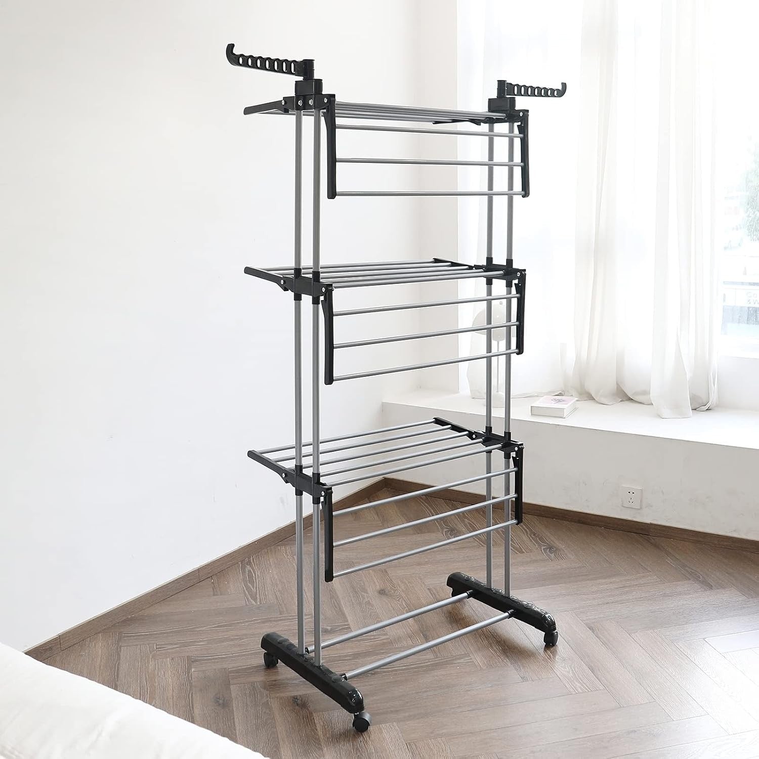 4 Tier Clothes Airer Folding Laundry Drying Rack with Wheels Heavy Duty Indoor