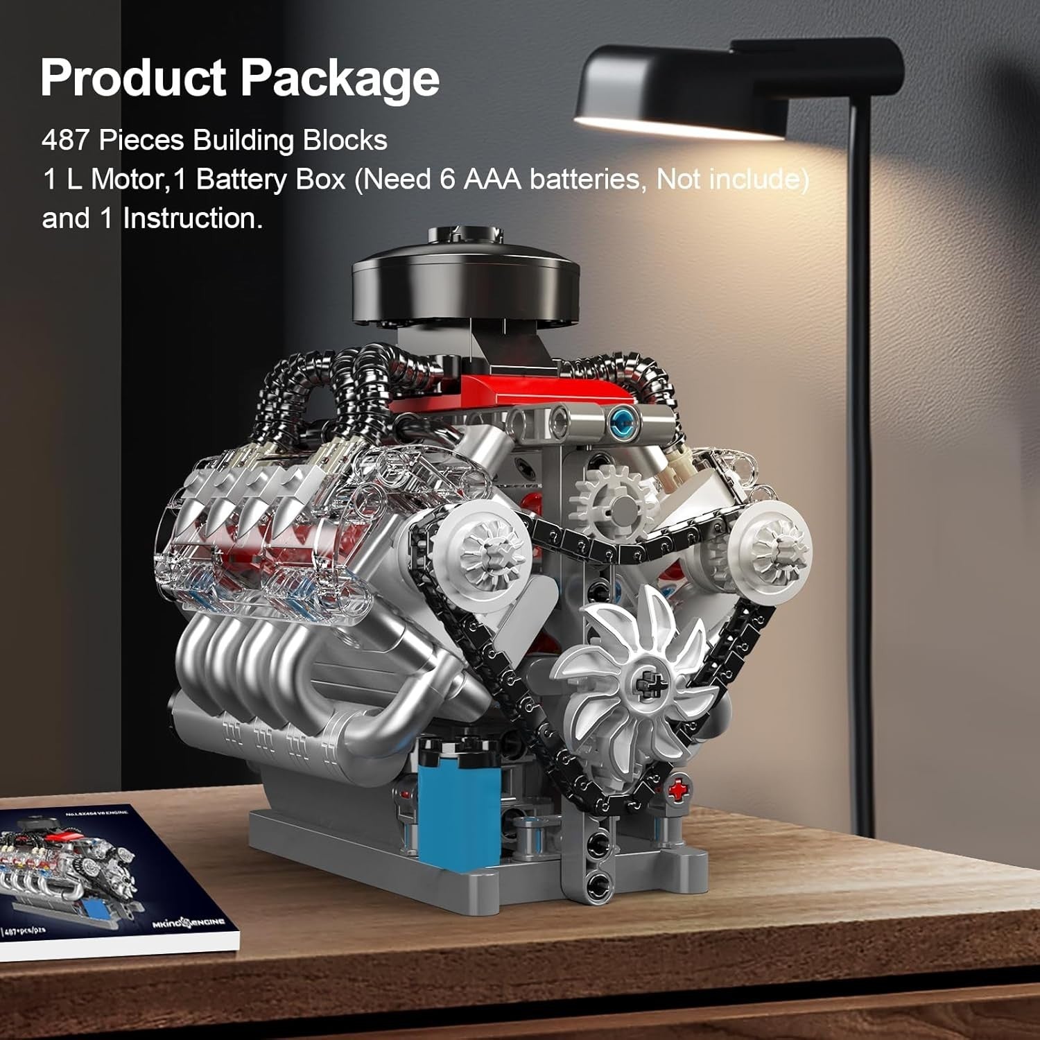 Motorised V8 Engine Model Kit 487PCS STEM Build Toy Car Mechanics Set
