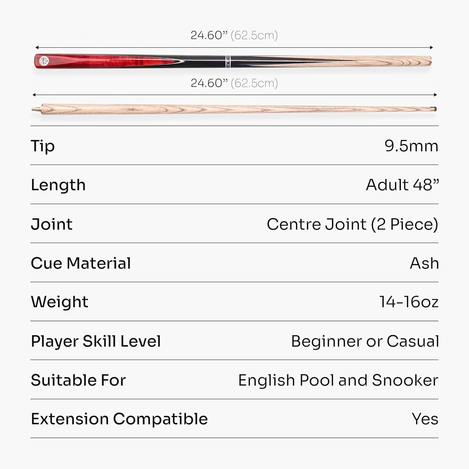 48in Junior Snooker Pool Cue 2 Piece Ash Shaft 9.5mm Tip