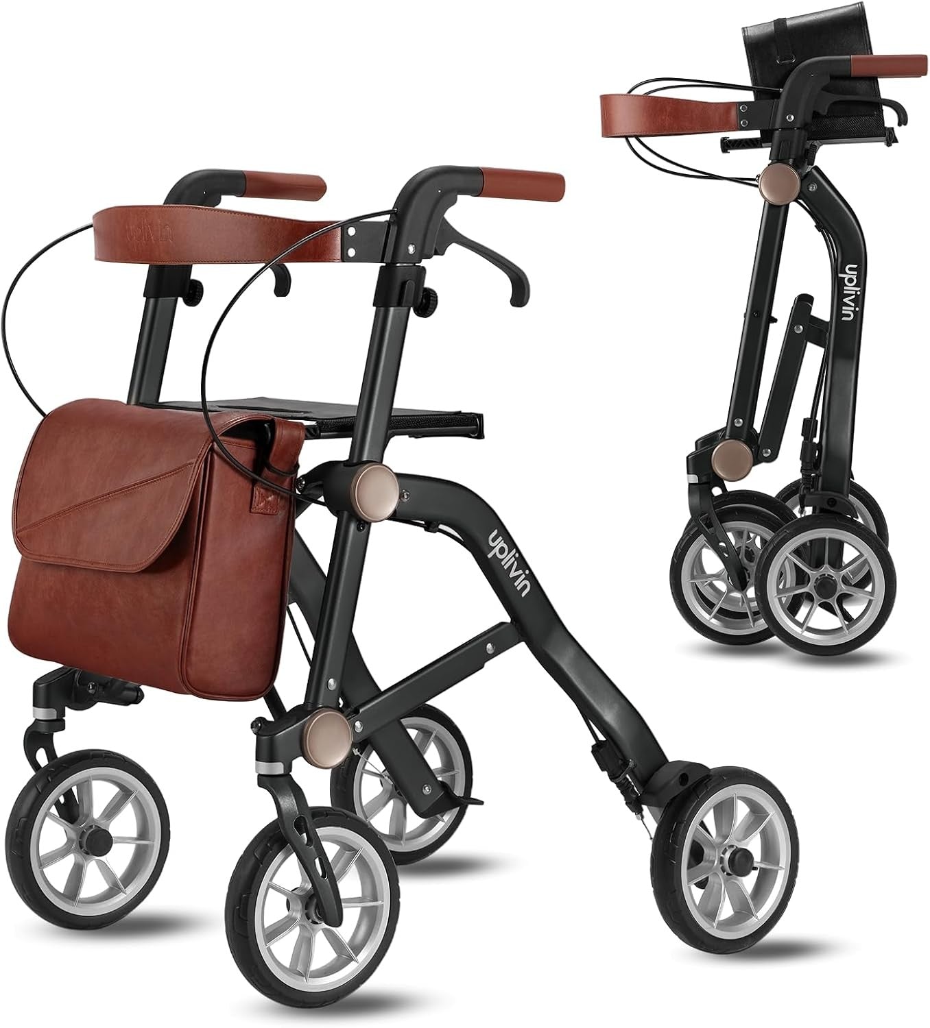 Luxury Lightweight Rollator Walker with Seat 4 Wheel Dual Folding Aluminium