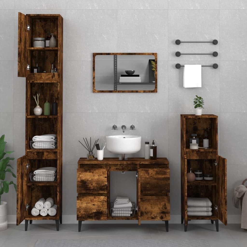 Oak Rustic Bathroom Vanity Unit – 4 Drawer 1 Door Under Sink Storage Cabinet 80c