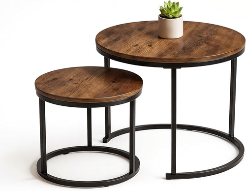 Rustic Wood Nesting Coffee Table Set, Round Stackable Side End Tables, Space Sav