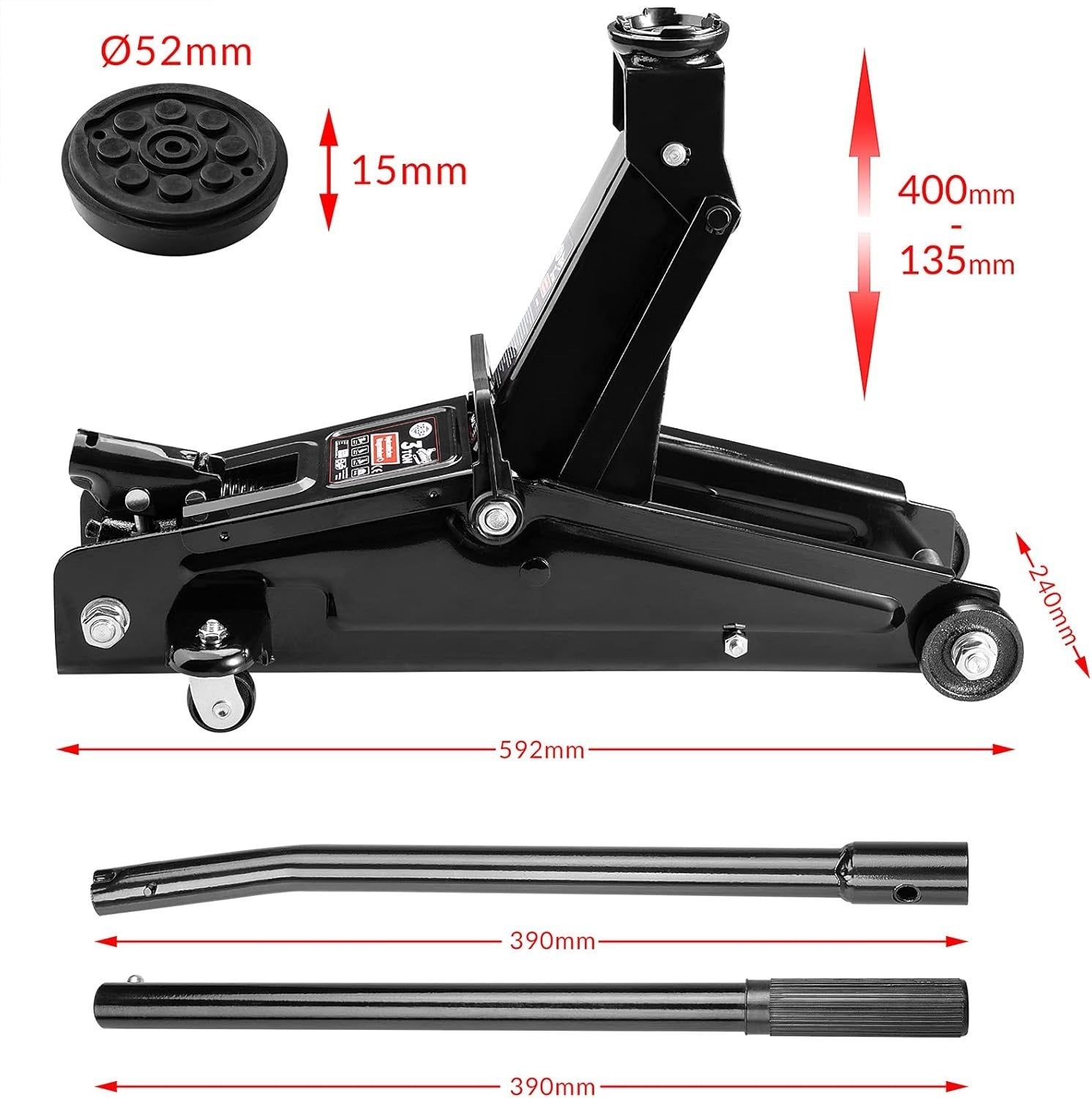 3 Ton Hydraulic Trolley Jack 135–400mm Heavy Duty Car Lift Rubber Pad Black