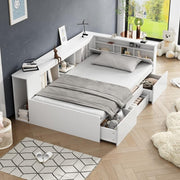 White Kids Single Storage Bed 3FT with Drawers Shelves Bookcase Frame 90x190cm