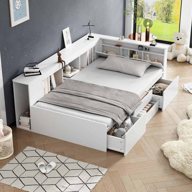 White Kids Single Storage Bed 3FT with Drawers Shelves Bookcase Frame 90x190cm