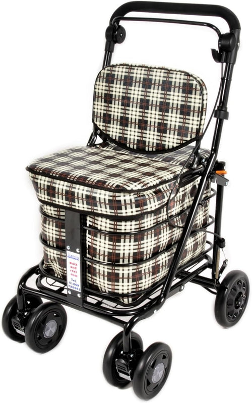 Premium 6 Wheel Mobility Shopping Trolley With Seat Backrest Brown Tartan