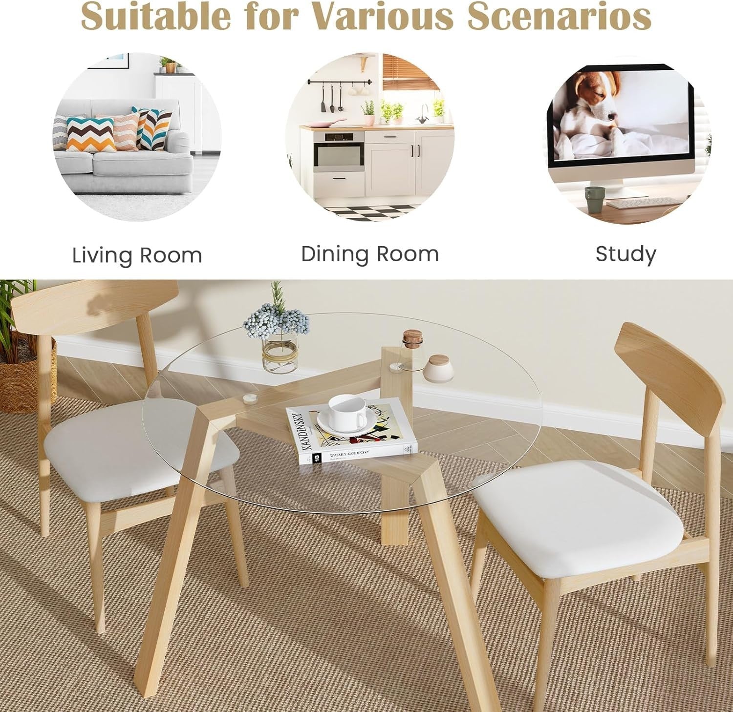 Round 90cm Tempered Glass Dining Table with Rubber Wood Frame