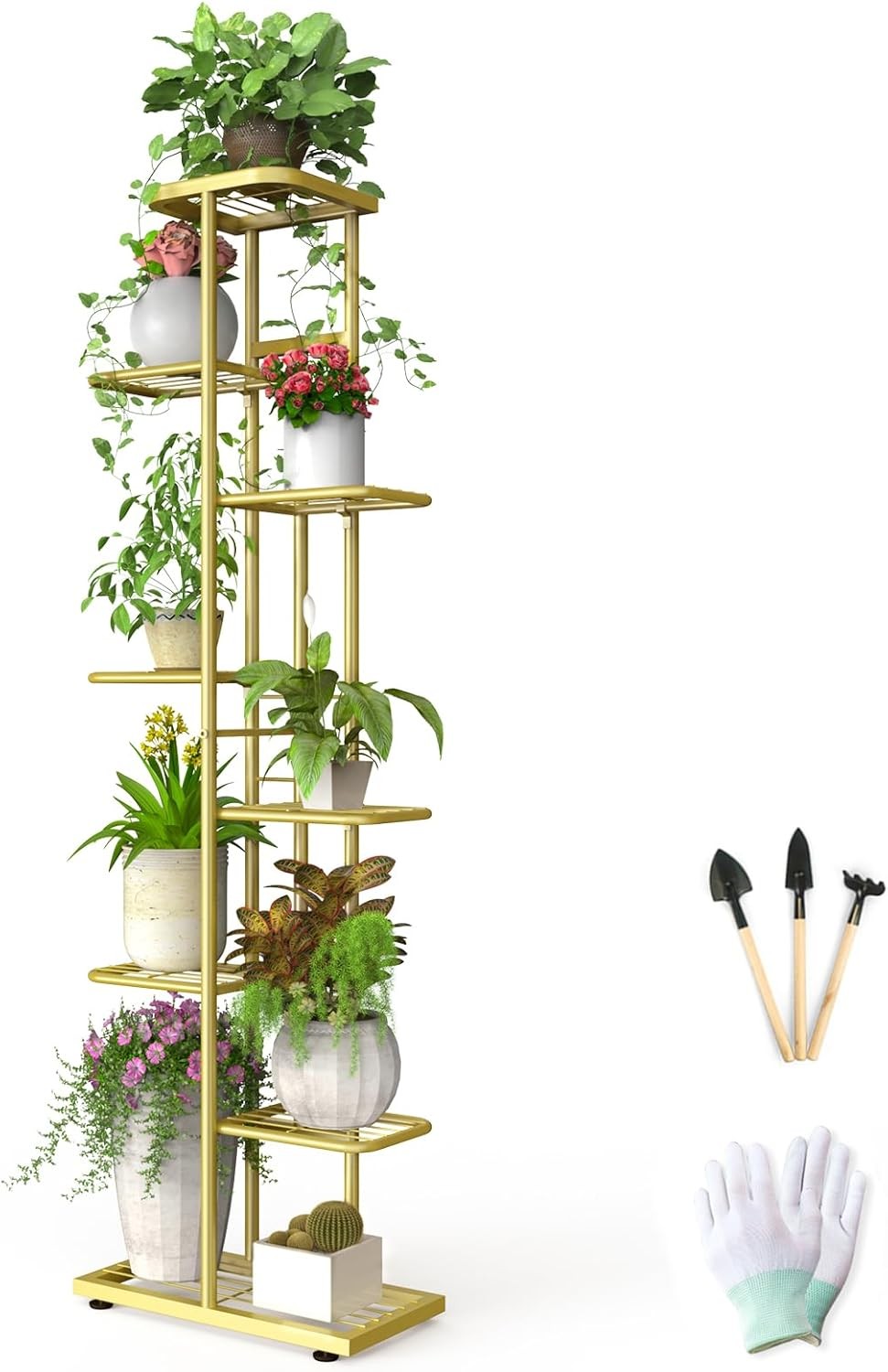 8 Tier Tall Gold Metal Plant Stand Indoor Outdoor Flower Shelf with Tools Set
