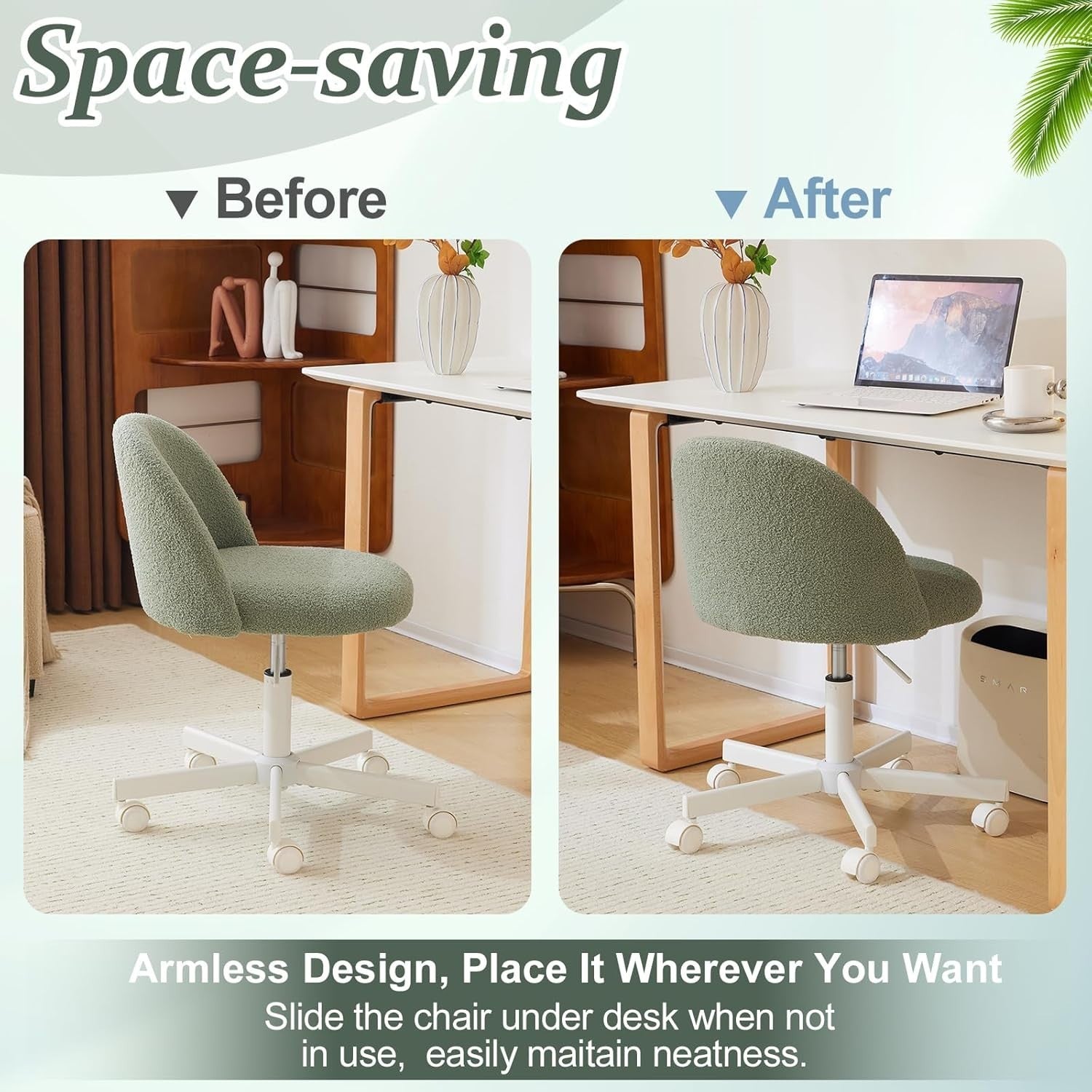 Green Teddy Fleece Swivel Desk Chair Small Adjustable Height Vanity Seat