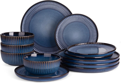 12 Piece Stoneware Dinner Set Bowls Reactive Glaze Dishwasher Safe