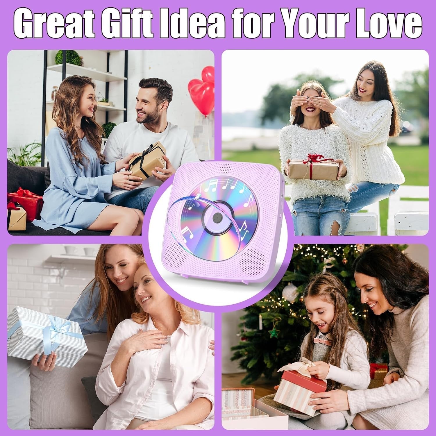 Desktop CD Player Bluetooth Speakers FM Radio USB AUX Remote Purple