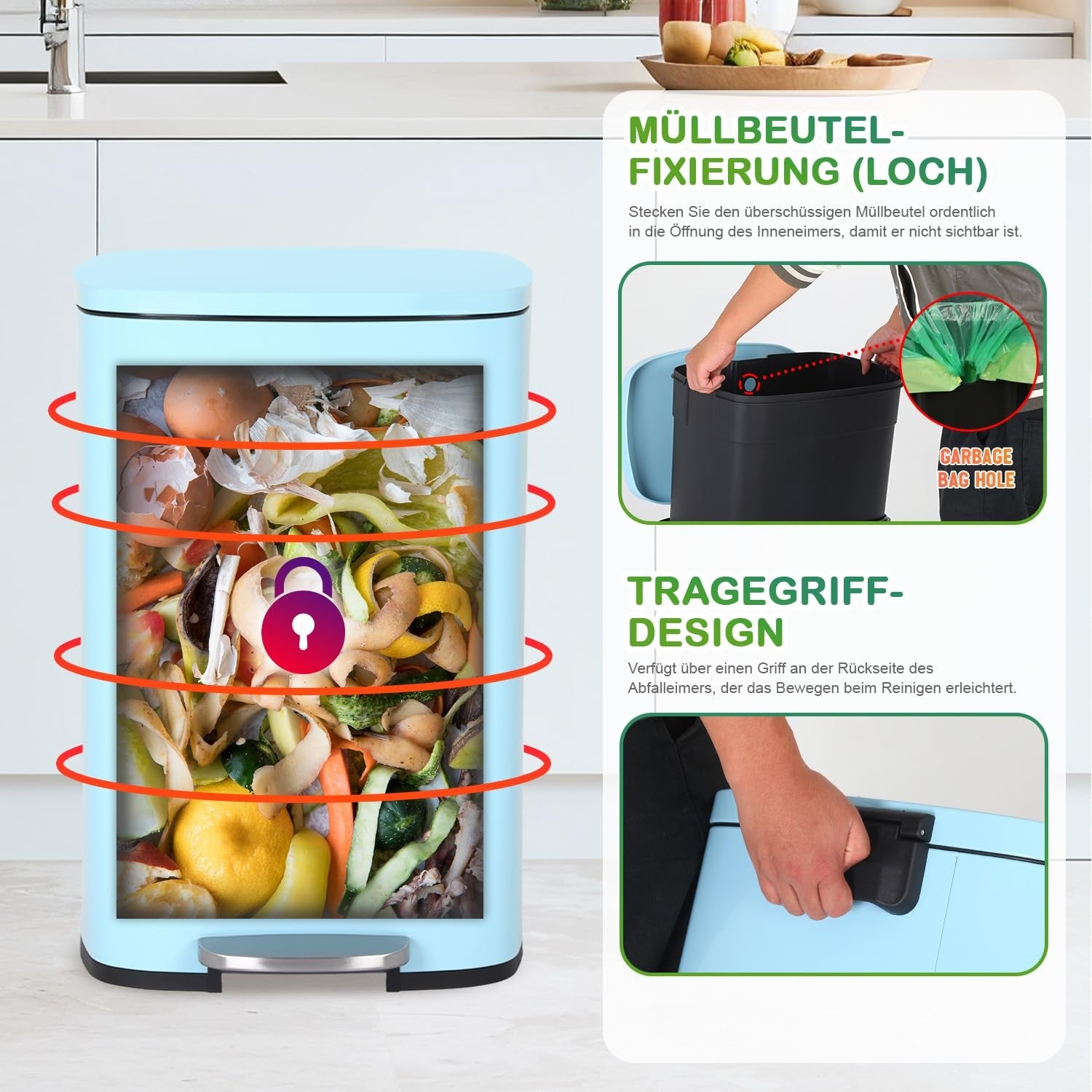 50L Stainless Steel Kitchen Bin Step Lid Soft Close Blue