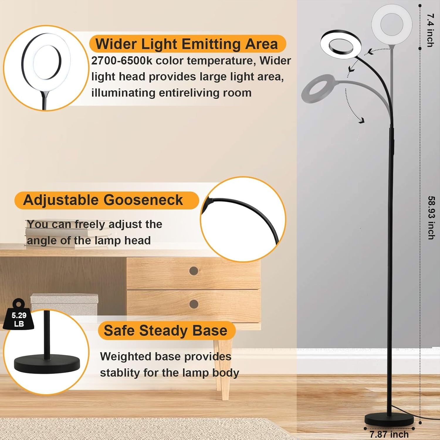 LED Reading Floor Lamp Remote Touch Dimmable Gooseneck Modern Ring Light