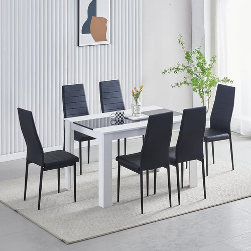 Modern White Dining Table Set 6 Black PU Leather Chairs | Compact 7pc Kit