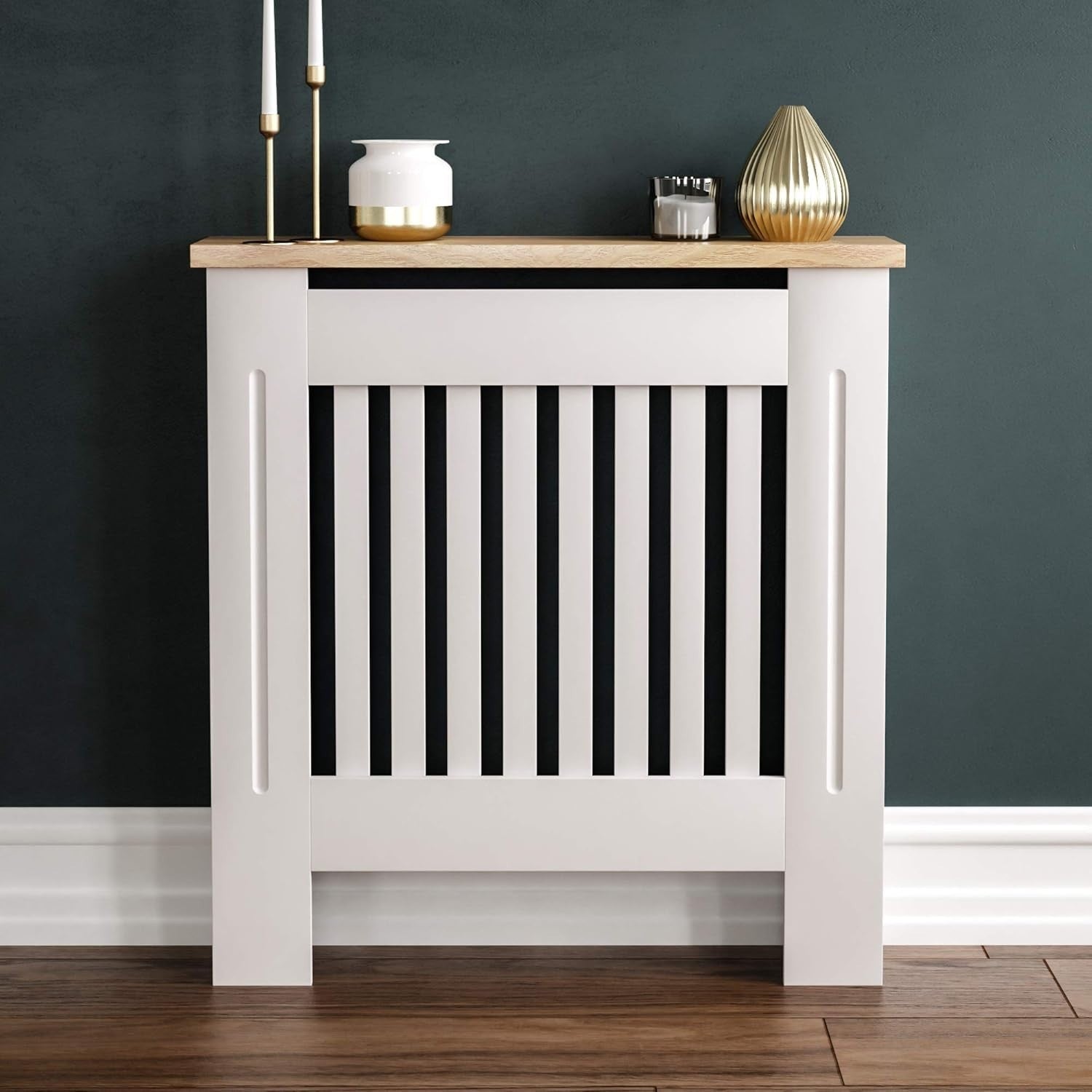 White Radiator Cover Cabinet Small MDF Modern Slatted Grill with Wood Top Shelf