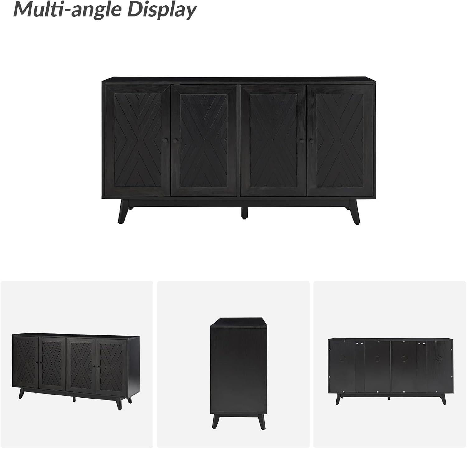 Black Chevron Sideboard Cabinet Solid Wood Legs Adjustable Shelves Storage