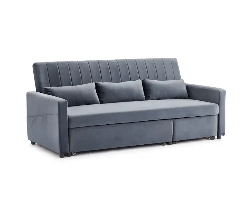 Grey Velvet 3 Seater Sofa Bed Pull-Out Chaise Storage Guest Sleeper Couch