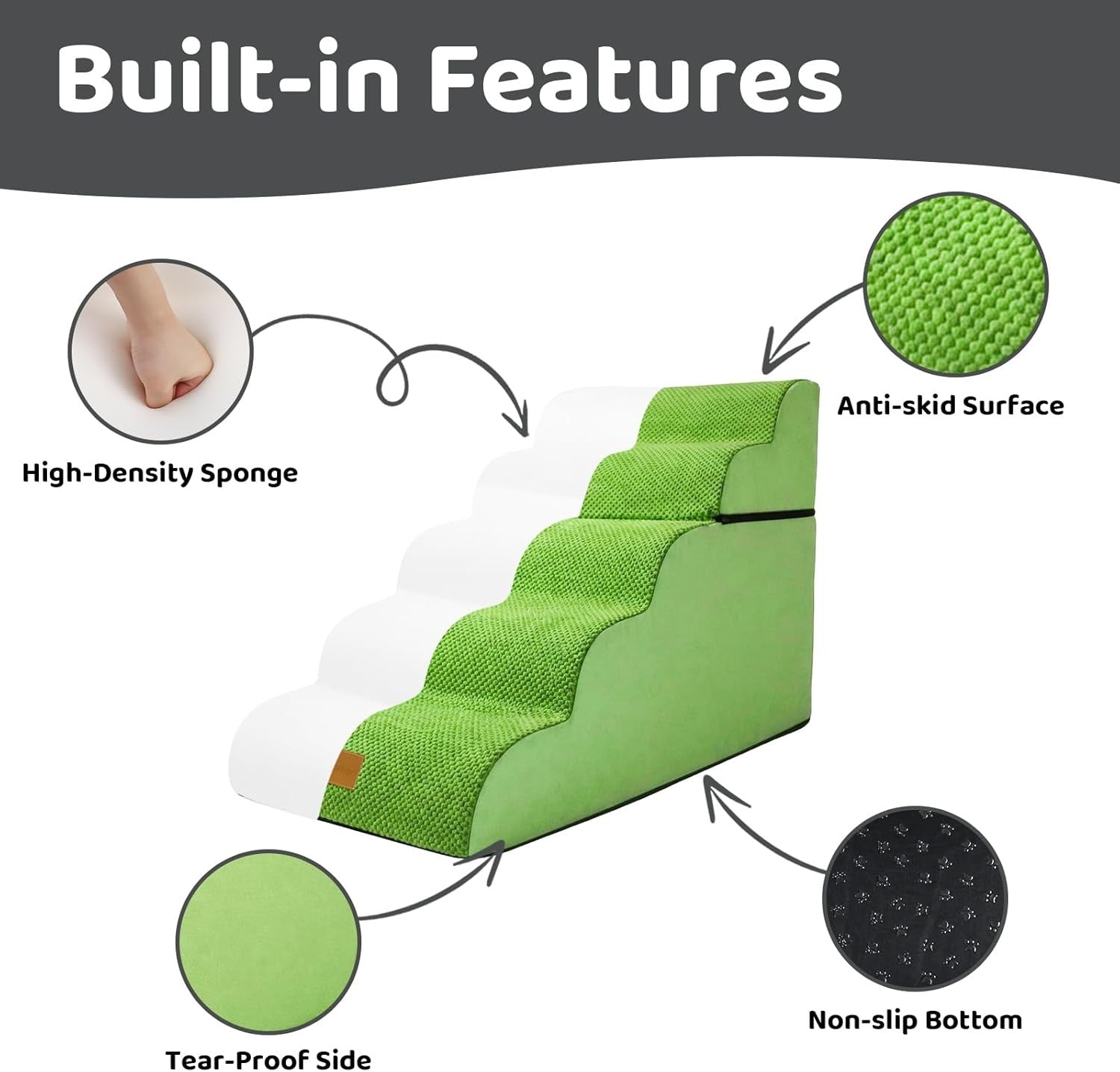 Dog Steps for Bed 5-Step Non-Slip Pet Stairs Ladder Foam Ramp with Plush Cover