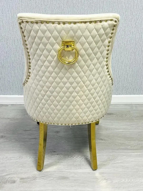 2x Mink Velvet Dining Chairs Gold Legs Ring Knocker Back Tufted Set