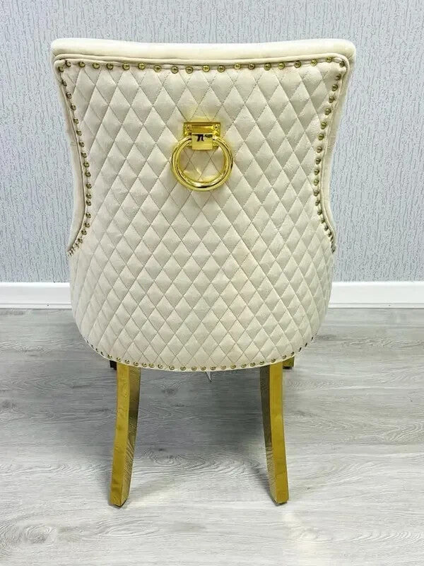 2x Mink Velvet Dining Chairs Gold Legs Ring Knocker Back Tufted Set